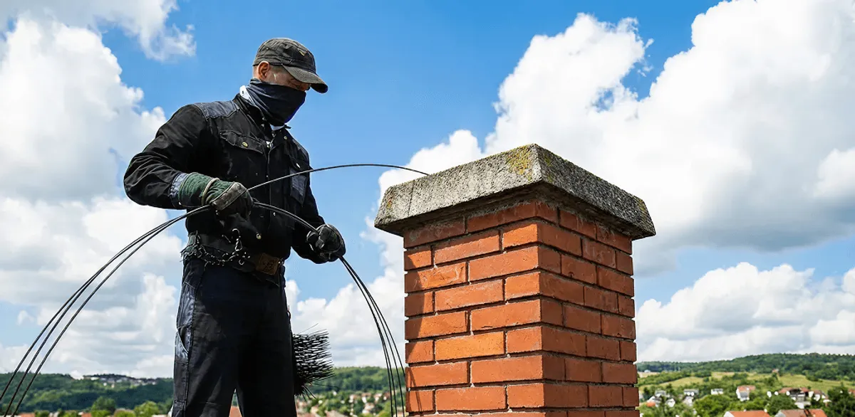 Chimney sweep cleaning a brick chimney with professional tools in Aurora, IL
